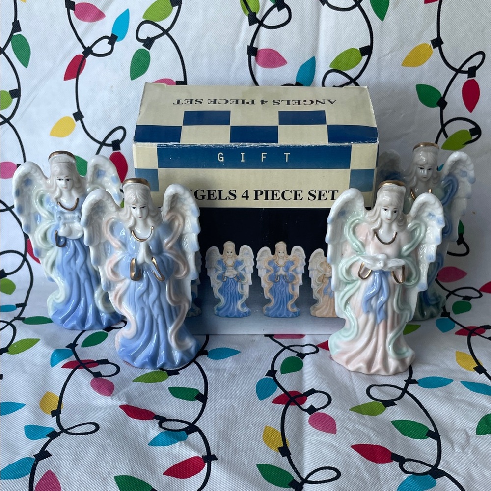 Angels Holiday Decor Set - White and Blue Porcelain